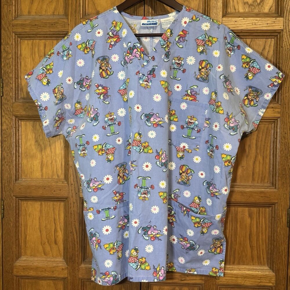 MHD Scrubs Clown Top Unisex XL Blue Cotton Poly 3 Pockets V-Neck Short Sleeves - Picture 2 of 13